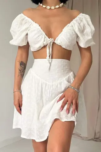 Ekru Brode Crop Ve Mini Etek Takım - BÜYÜKBEDENIZ (1)