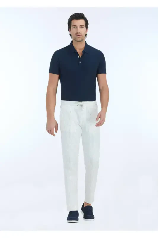Ekru Çizgili Dokuma Jogging Fit Casual Keten Karışımlı Pantolon - RAMSEY