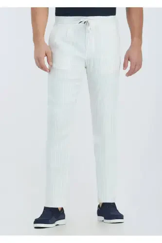 Ekru Çizgili Dokuma Jogging Fit Casual Keten Karışımlı Pantolon - RAMSEY (1)