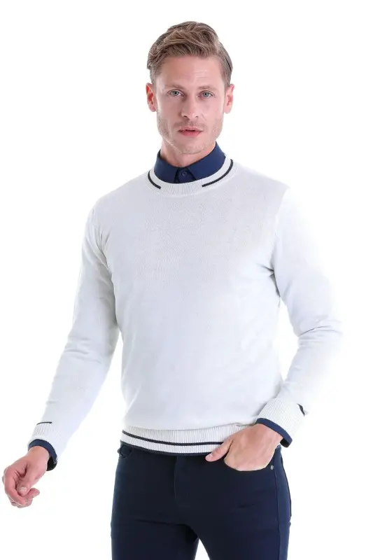 Ekru Comfort Fit Desenli Bisiklet Yaka Yünlü Yün Kazak - Ekru - 1