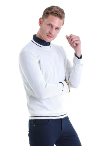 Ekru Comfort Fit Desenli Bisiklet Yaka Yünlü Yün Kazak - Ekru - 3