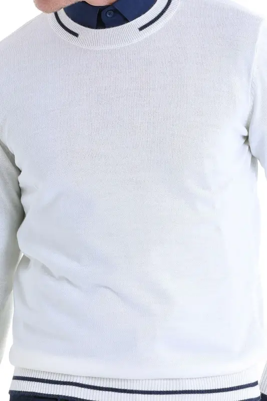 Ekru Comfort Fit Desenli Bisiklet Yaka Yünlü Yün Kazak-Ekru - 5