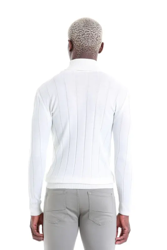 Ekru Comfort Fit Fitilli Balıkçı Yaka Yünlü Yün Kazak-Ekru - 6