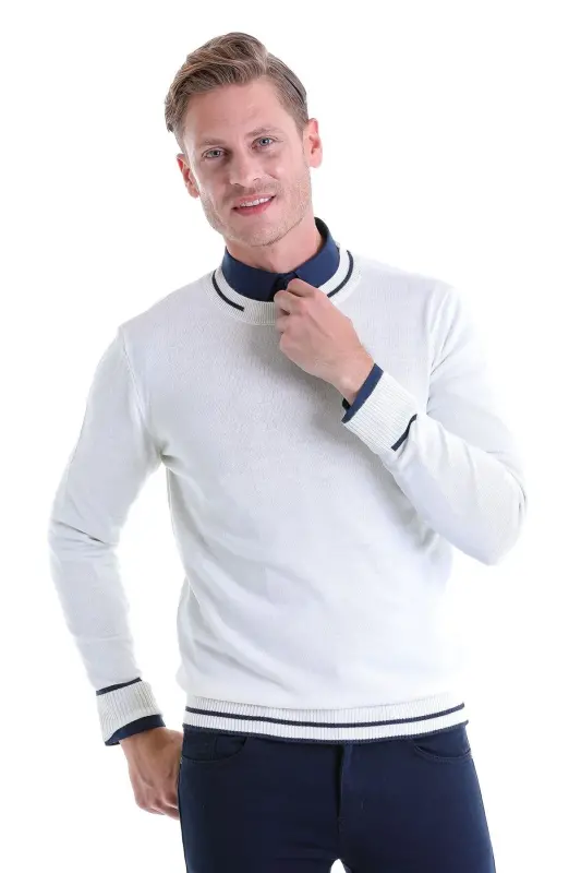 Ekru Comfort Fit Naqshli Yumaloq Yoqa Jun Jemper - Ekru - 2
