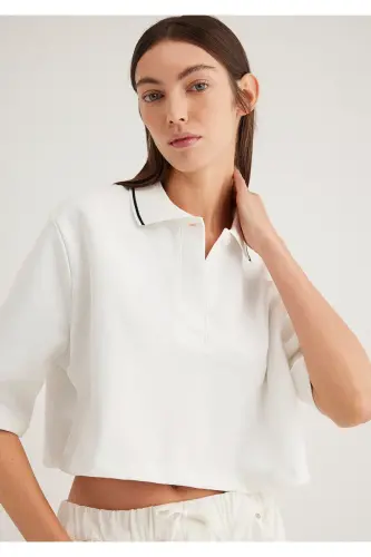 Ekru Crop Polo Tişört Crop / Kısa Kesim 1613000-70057 - Ekru-70057 - 1