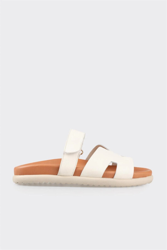 Ekru Deri Kadın Düz Terlik - Ekru - ELLE SHOES