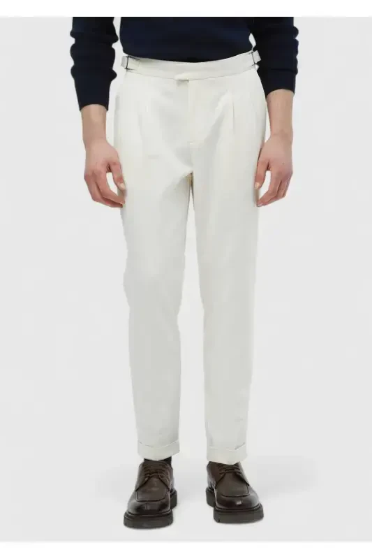 Ekru Düz Dokuma Carrot Fit Casual Pamuk Karışımlı Pantolon - 2