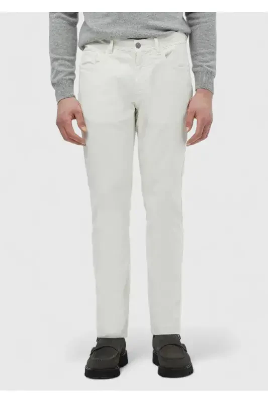Ekru Düz Dokuma Slim Fit Casual Pamuk Karışımlı Pantolon - 2