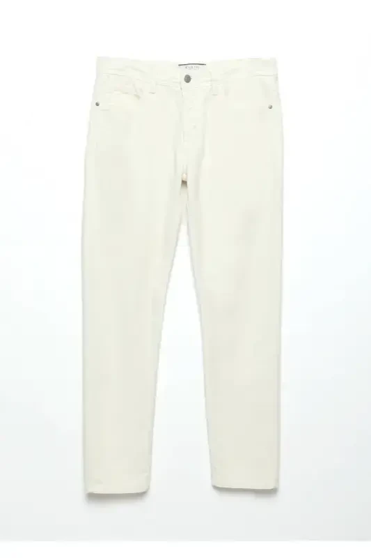 Ekru Düz Dokuma Slim Fit Casual Pamuk Karışımlı Pantolon - 6