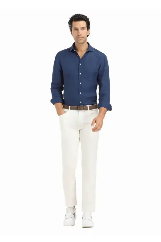 Ekru Düz Dokuma Slim Fit Casual Pamuk Karışımlı Pantolon - 2