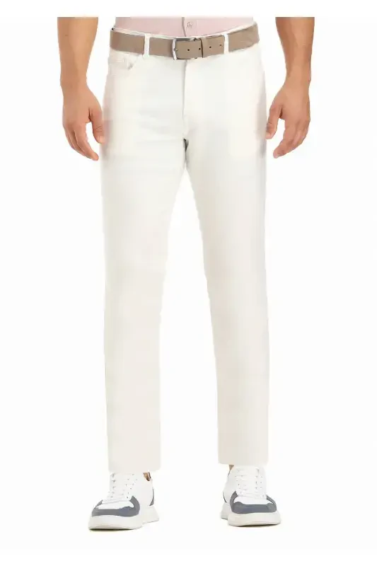 Ekru Düz Dokuma Slim Fit Casual Pamuk Karışımlı Pantolon - 3