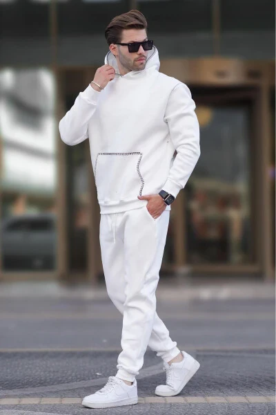 Ekru Erkek Kapüşonlu Paçası Lastikli Eşofman Takımı 7045-Ekru - MADMEXT