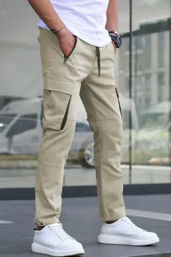 Ekru Kargo Cho'ntak Erkak Jogger Shim 5791-Ekru - MADMEXT (1)