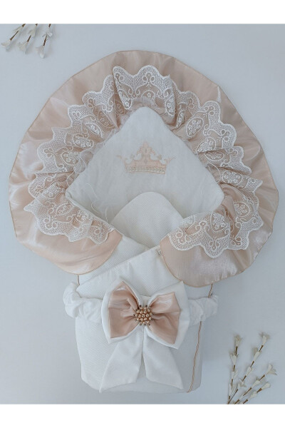 Ekru Kız Erkek Bebek Battaniyesi %100 Pamuklu Mevlütlük Kundak Dantelli Örtü Hediyelik Mevsimlik - 4