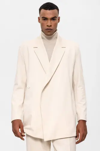 Ekru Kruvaze Kapama Gizli Cep Erkek Blazer Ceket-Ekru - 1