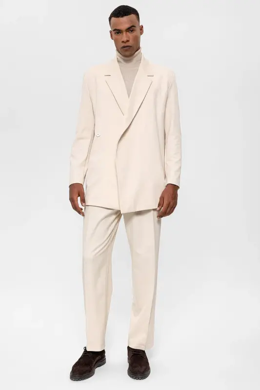 Ekru Kruvaze Kapama Gizli Cep Erkek Blazer Ceket-Ekru - 2