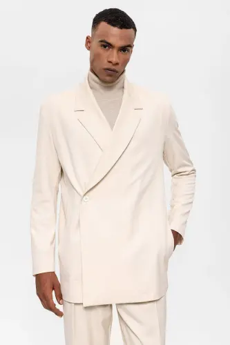 Ekru Kruvaze Kapama Gizli Cep Erkek Blazer Ceket-Ekru - 3