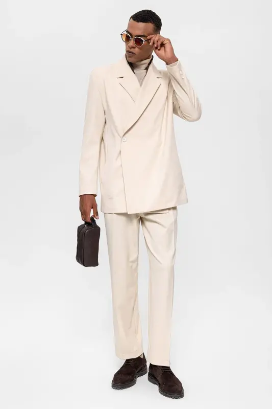 Ekru Kruvaze Kapama Gizli Cep Erkek Blazer Ceket-Ekru - 4