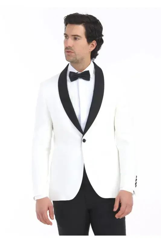 Экру Однотонный Современный Приталенный С Шалевым Воротником Тканый Смокинг Костюм - 2