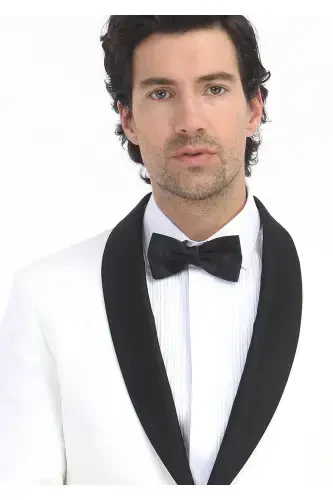 Экру Однотонный Современный Приталенный С Шалевым Воротником Тканый Смокинг Костюм - 3