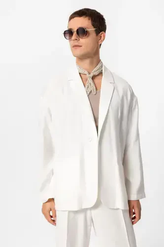 Ekru Oversize Astarsiz Erkak Blazer Kurtka-Ekru - ANTIOCH (1)