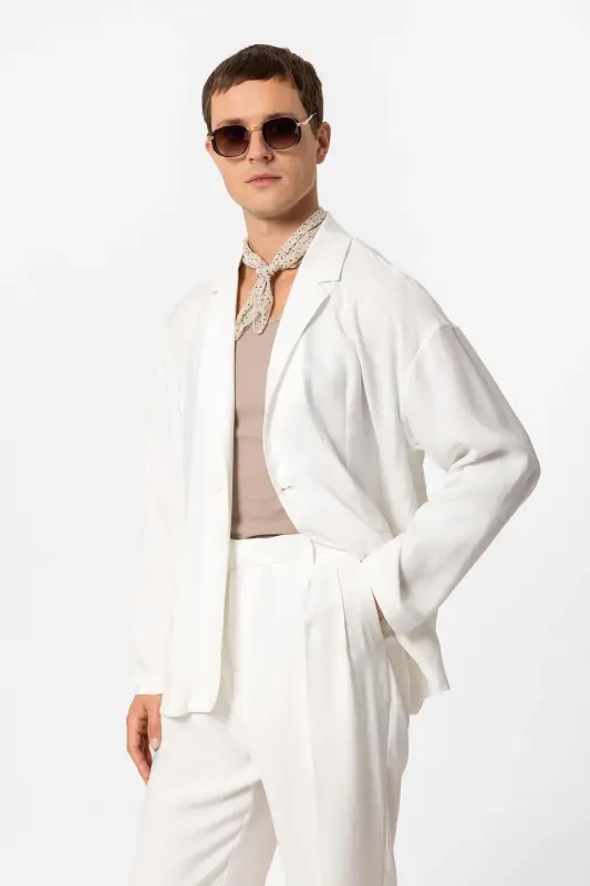 Ekru Oversize Astarsiz Erkak Blazer Kurtka-Ekru - 3