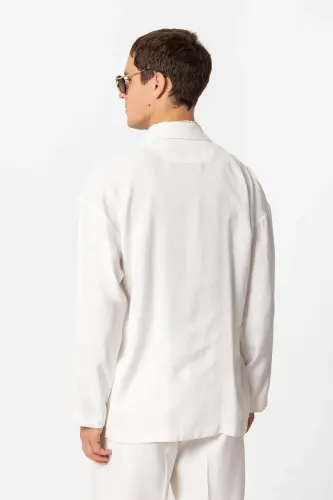 Ekru Oversize Astarsiz Erkak Blazer Kurtka-Ekru - 4