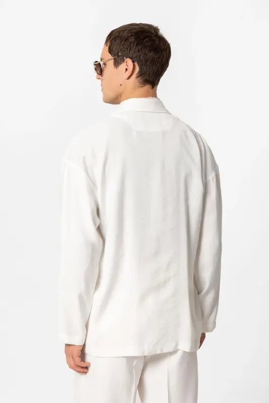 Ekru Oversize Astarsiz Erkak Blazer Kurtka-Ekru - 4