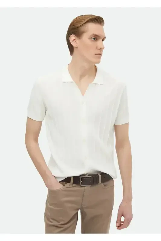 Ekru Polo Yoqali Jakarli Triko - 1