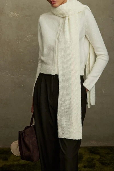 Ekru Rangli Oddiy To'qilgan Triko Sharf - SUUD COLLECTION (1)