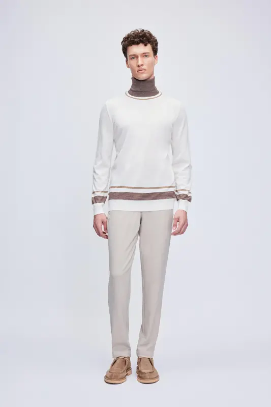 Ekru Regular Fit Chiziqli Balıkçı Yaka Yünlü Triko - 4