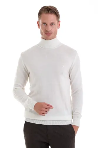 Ekru Regular Fit Düz Balıkçı Yaka Triko Kazak-Ekru 