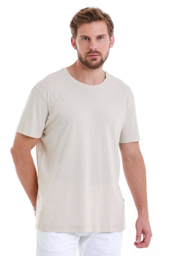Ekru Regular Fit Düz Bisiklet Yaka Keten Tişört-Ekru01 - 1