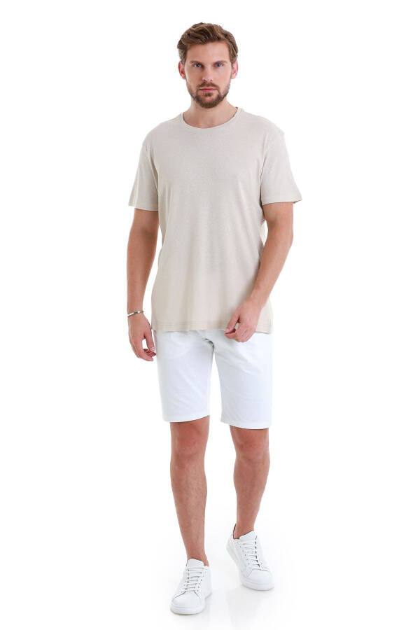 Ekru Regular Fit Düz Bisiklet Yaka Keten Tişört-Ekru01 - 2