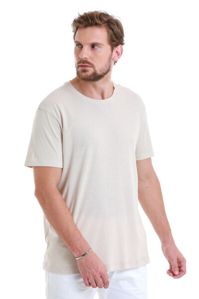 Ekru Regular Fit Düz Bisiklet Yaka Keten Tişört-Ekru01 - 3