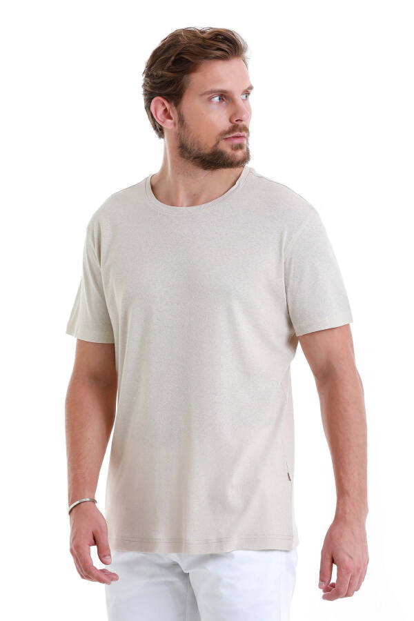 Ekru Regular Fit Düz Bisiklet Yaka Keten Tişört-Ekru01 - 4