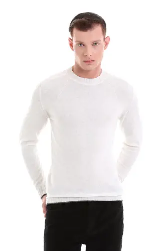 Ekru Regular Fit Düz Bisiklet Yaka Yünlü Casual Triko Kazak-Ekru - 1