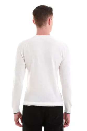 Ekru Regular Fit Düz Bisiklet Yaka Yünlü Casual Triko Kazak-Ekru - 7