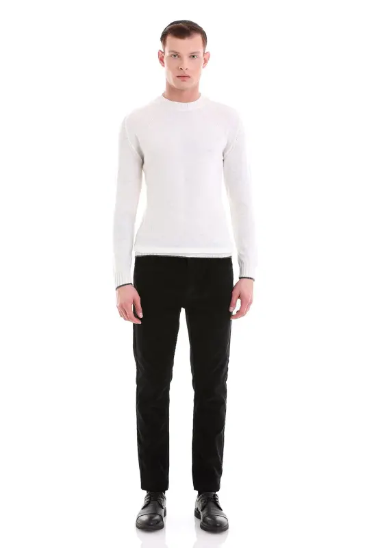 Ekru Regular Fit Düz Bisiklet Yaka Yünlü Casual Triko Kazak-Ekru - 2