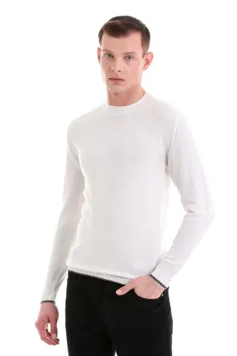 Ekru Regular Fit Düz Bisiklet Yaka Yünlü Casual Triko Kazak-Ekru - 3