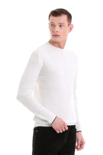 Ekru Regular Fit Düz Bisiklet Yaka Yünlü Casual Triko Kazak-Ekru - 4