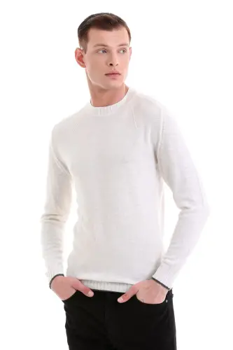 Ekru Regular Fit Düz Bisiklet Yaka Yünlü Casual Triko Kazak-Ekru - 5