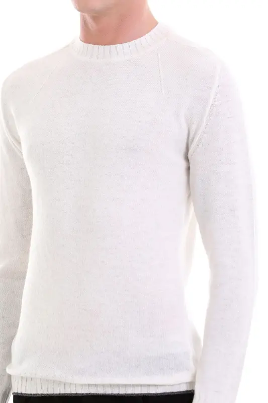 Ekru Regular Fit Düz Bisiklet Yaka Yünlü Casual Triko Kazak-Ekru - 6