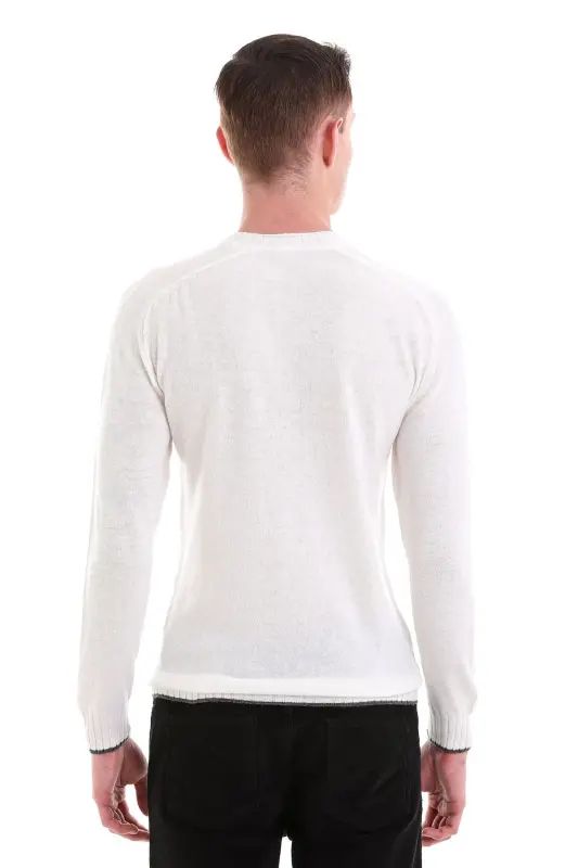 Ekru Regular Fit Düz Bisiklet Yaka Yünlü Casual Triko Kazak-Ekru - 7