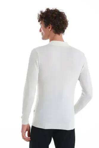 Ekru Regular Fit Jakarlı Polo Yaka Yünlü Triko Kazak-Ekru - 7