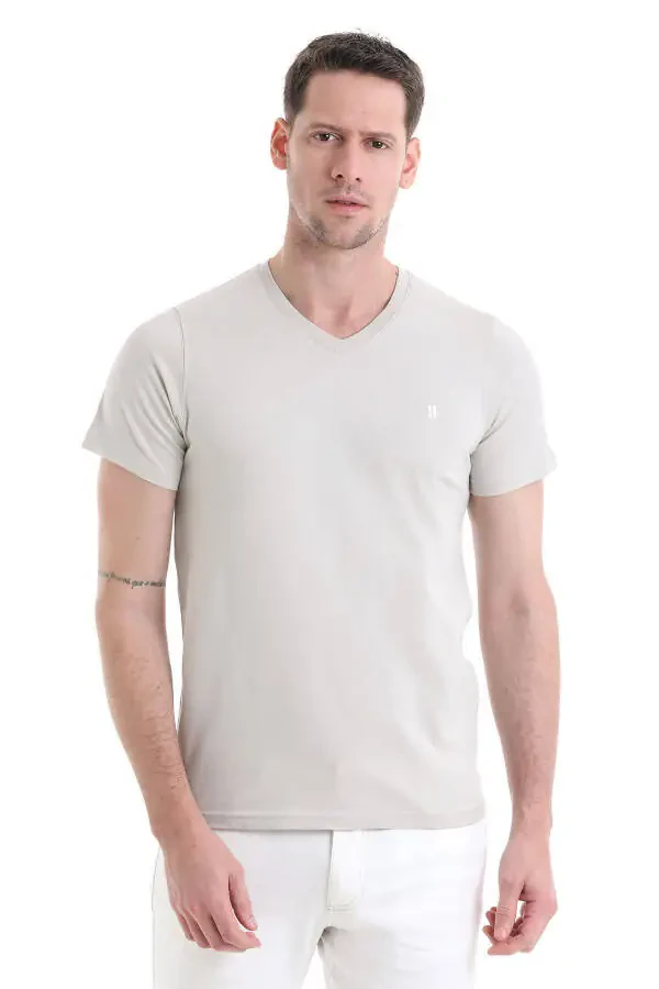 Ekru Regular Fit Plain 100% Cotton V-Neck T-Shirt - 1