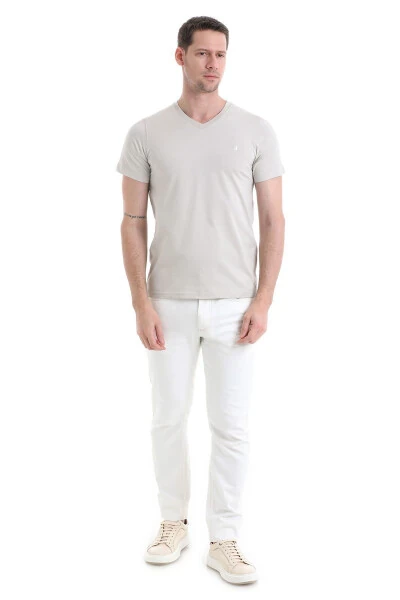 Ekru Regular Fit Plain 100% Cotton V-Neck T-Shirt - HATEMOĞLU (1)