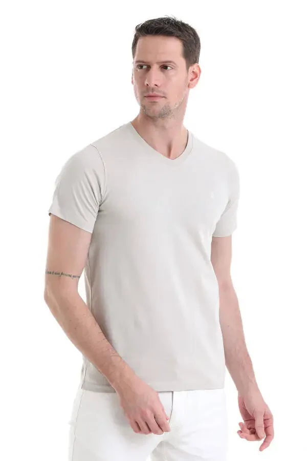 Ekru Regular Fit Plain 100% Cotton V-Neck T-Shirt - 4