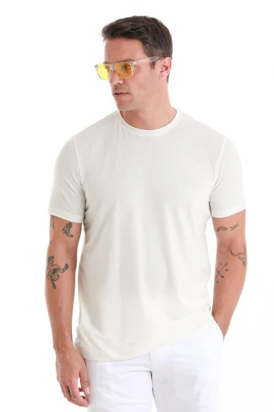 Ekru Regular Fit tekis velosiped yoqali zig'ir futbolka-Ek - 3