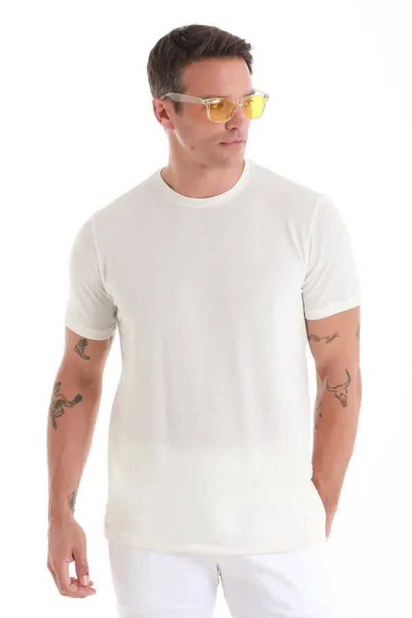 Ekru Regular Fit tekis velosiped yoqali zig'ir futbolka-Ek - 4